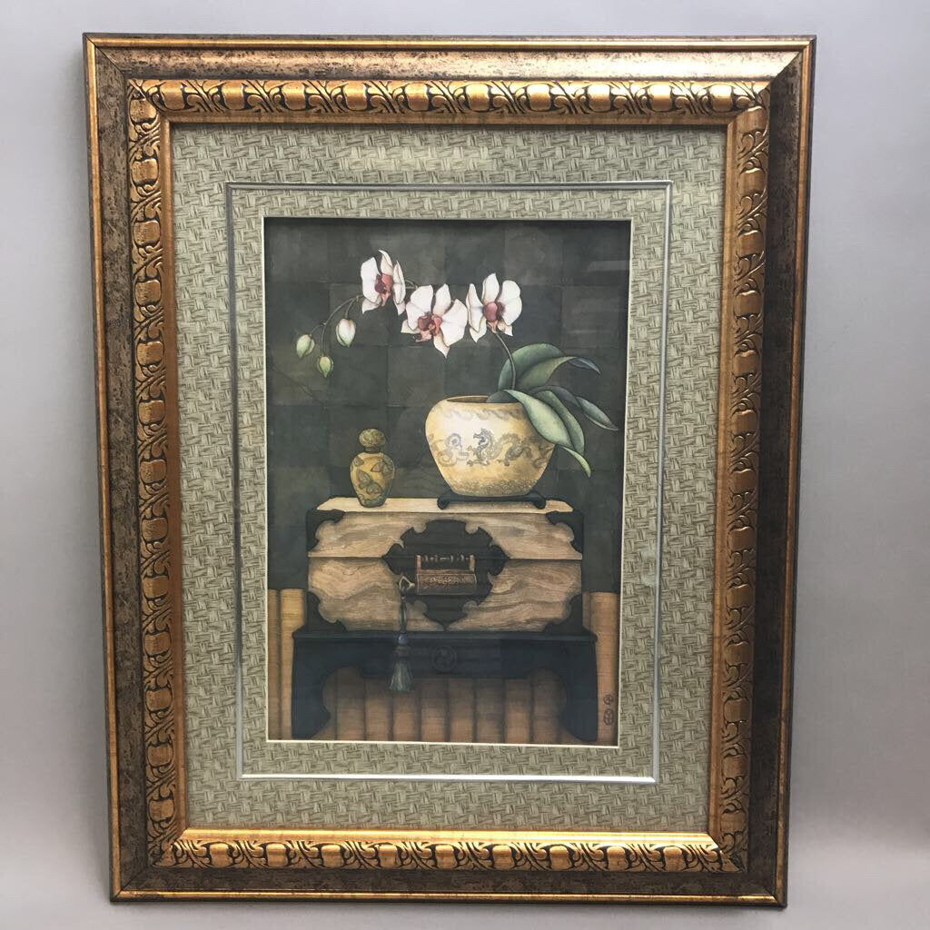 Framed Art Print - Asian Decor, Flower, Urn, Chest (~24x19)