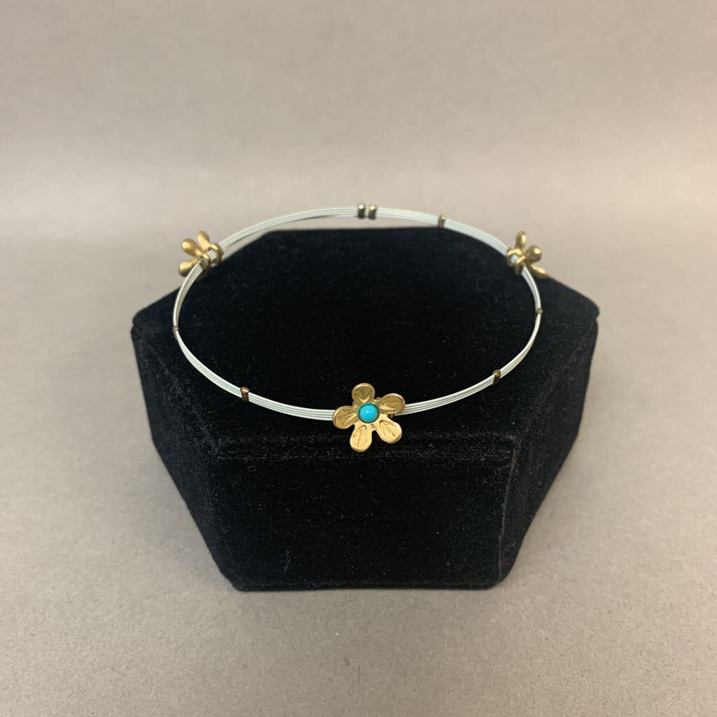 Modern Goldtone Turquoise Enamel Flowers Wire Bracelet