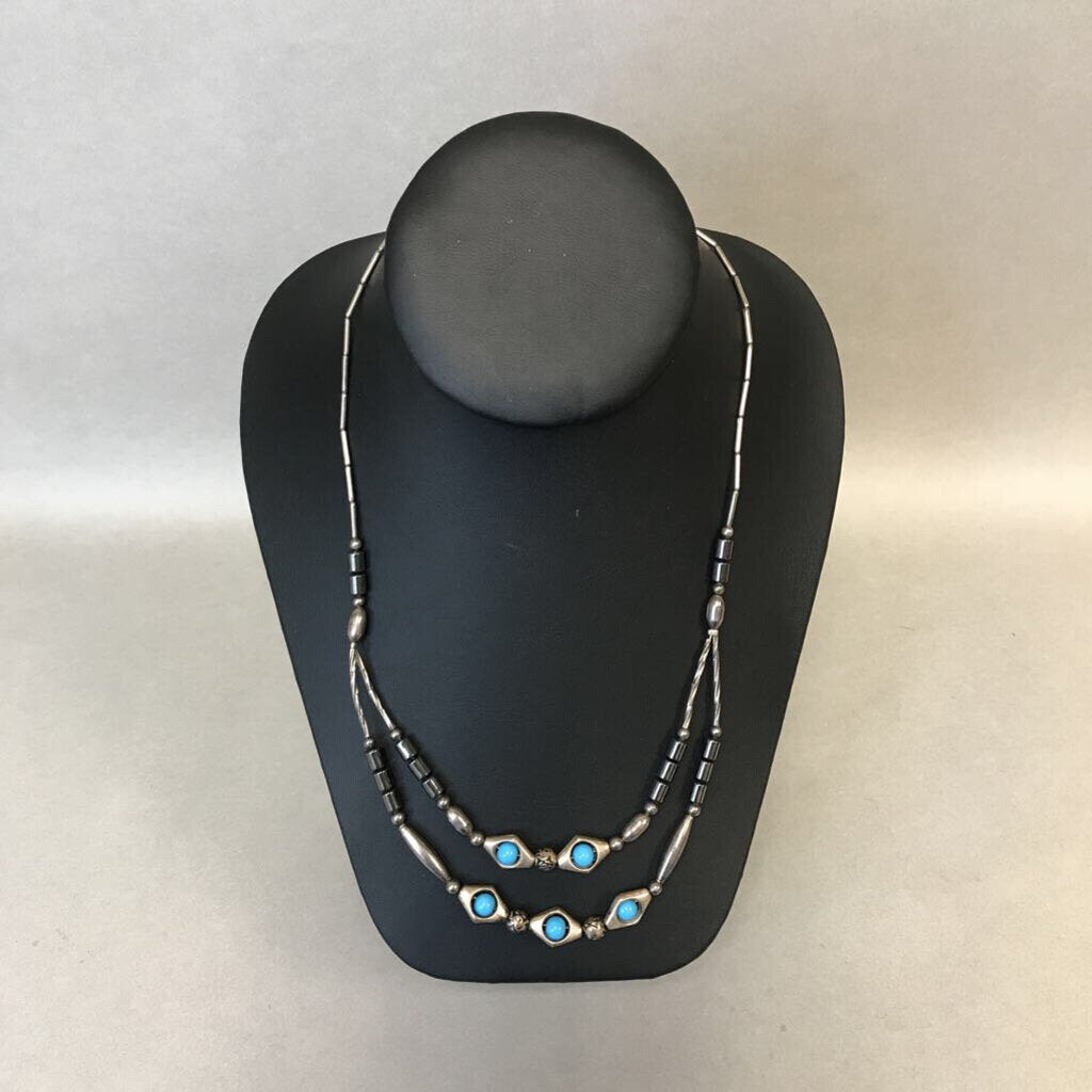 Sterling Turquoise Glass Hematite Bead Necklace