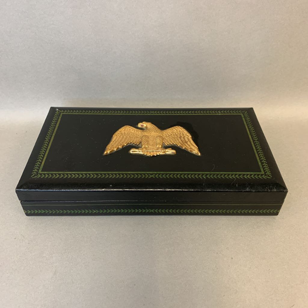 Vintage Phillipe for Swank Black Faux Leather Gold Eagle Jewelry Box (2x11x6