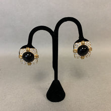 Load image into Gallery viewer, Vintage Joan Rivers Goldtone Rhinestone Black Enamel Clip Earrings
