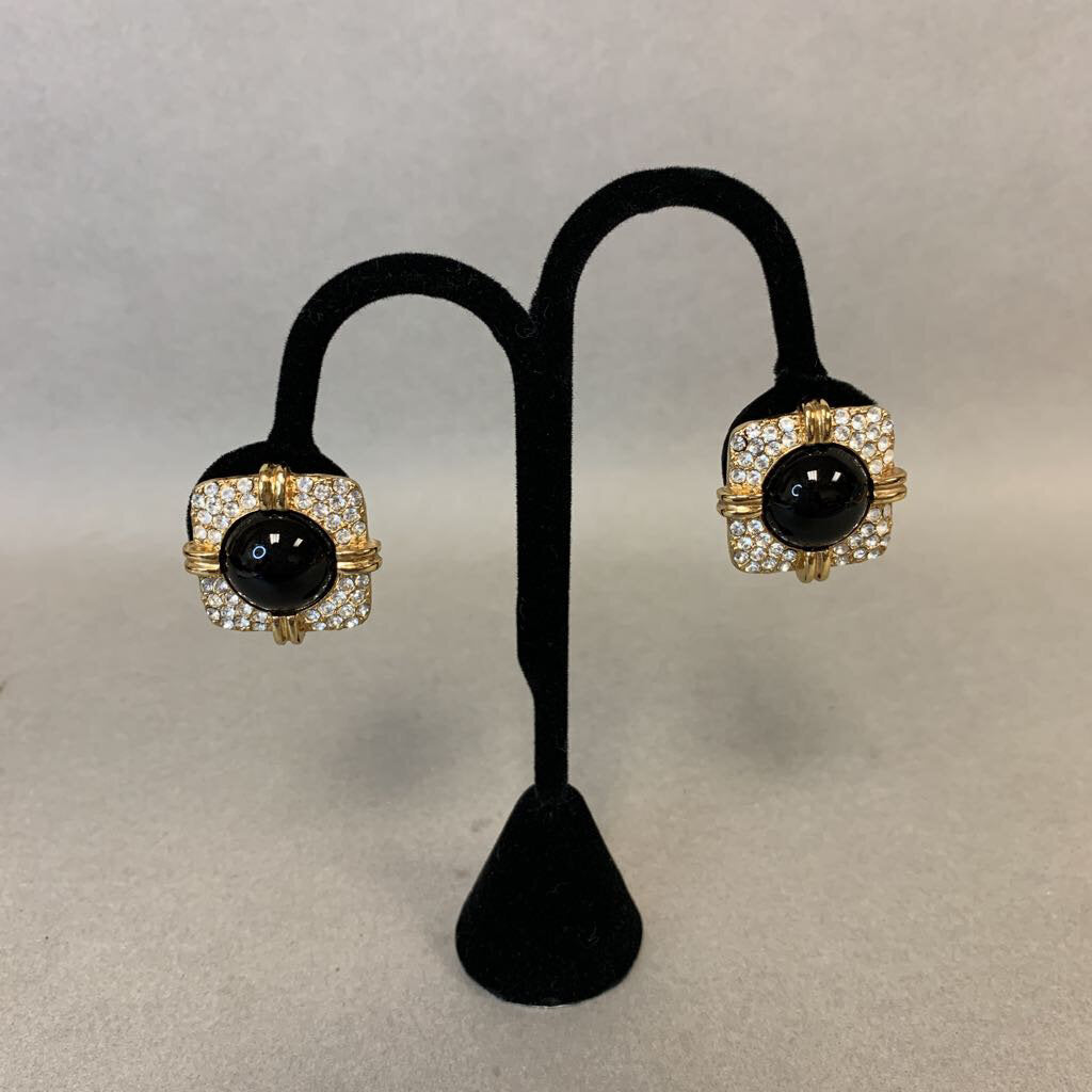 Vintage Joan Rivers Goldtone Rhinestone Black Enamel Clip Earrings