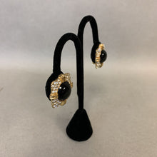 Load image into Gallery viewer, Vintage Joan Rivers Goldtone Rhinestone Black Enamel Clip Earrings
