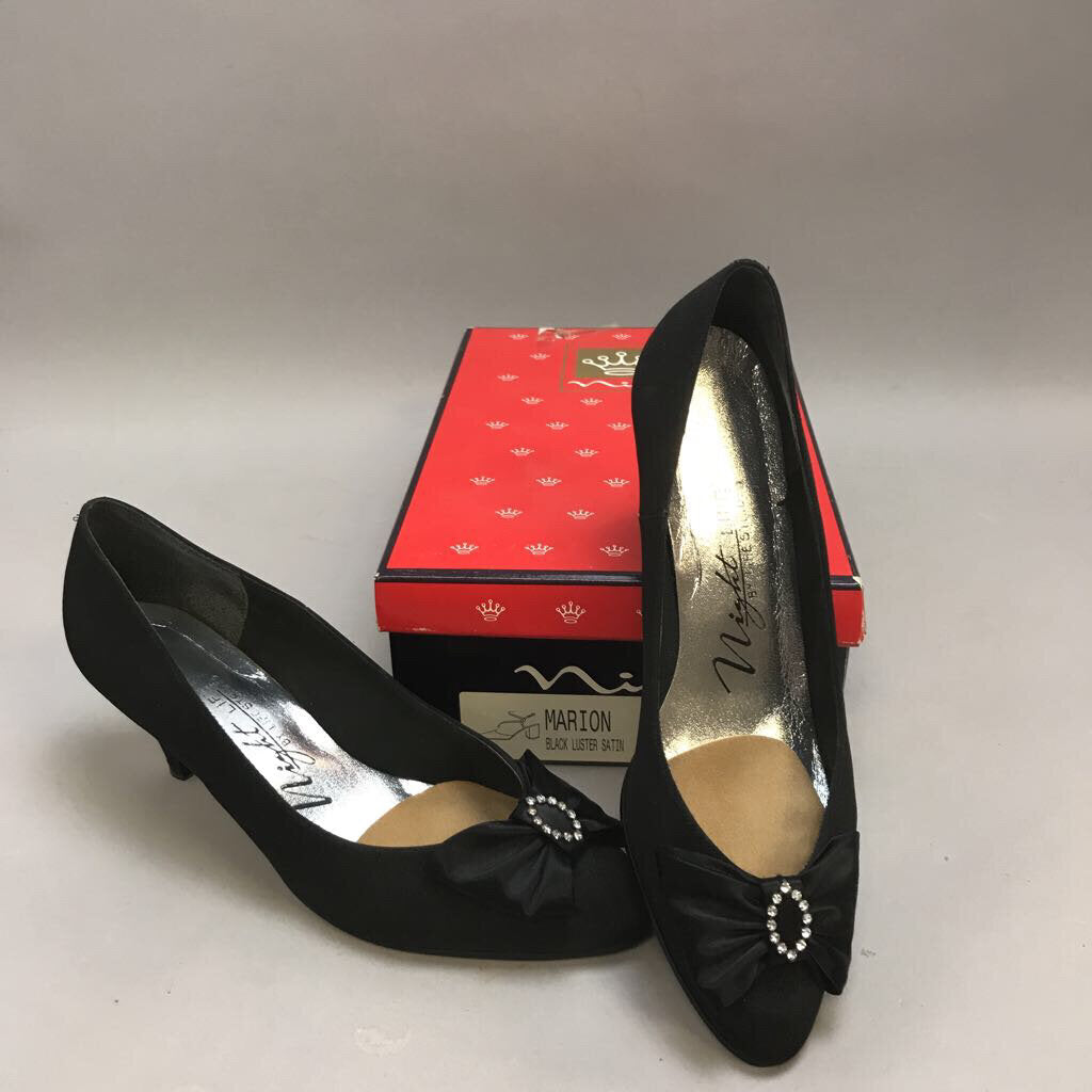 New York Nina Marion Black Luster Satin Shoes with Bow (7.5)