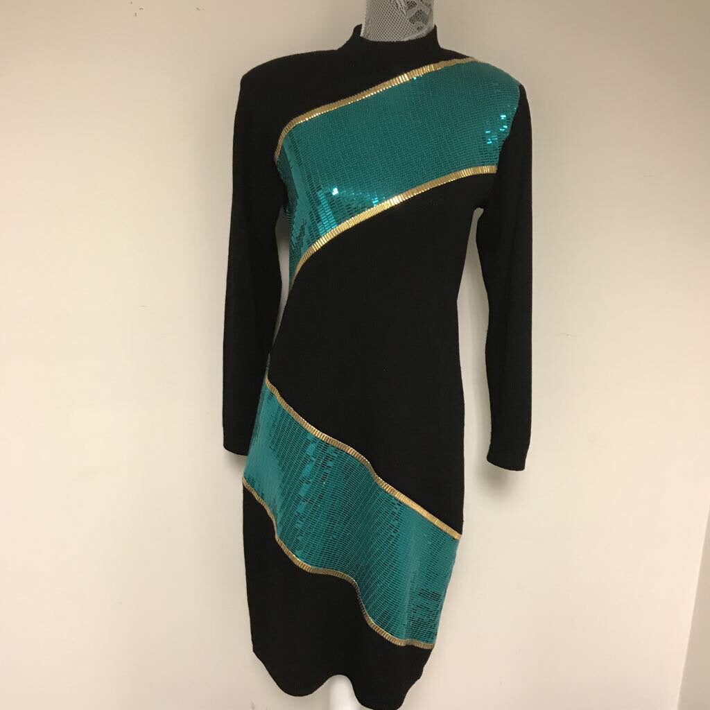 St John by Marie Gray Black Knit w Teal & Gold Sequin Accents Sz 6