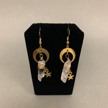 Load image into Gallery viewer, Mooncalf Handmade Goldtone Quartz Crystal Moon &amp; Star Earrings
