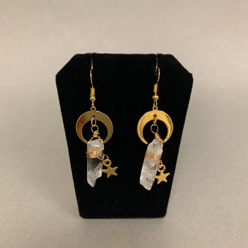 Mooncalf Handmade Goldtone Quartz Crystal Moon & Star Earrings