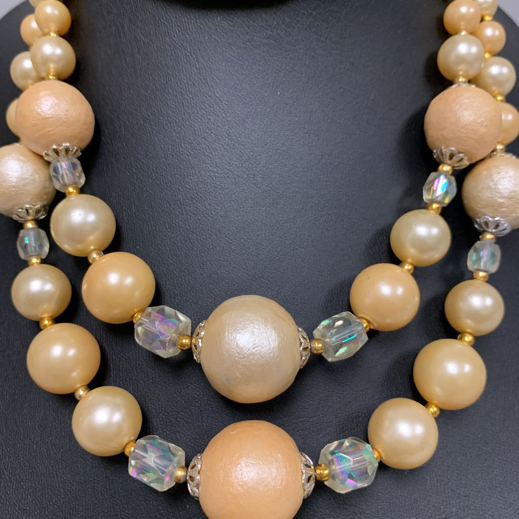 Vintage Japan Art Bead Necklace Iridescent Glass Wood Pearl Double Strand PeachIridescentTransparentandO  main image 2