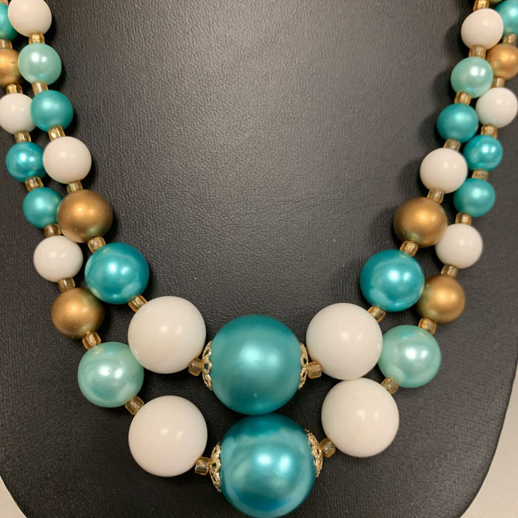 Vintage Japanese Teal Faux Pearl Lucite Beaded Double Strand  display picture 3