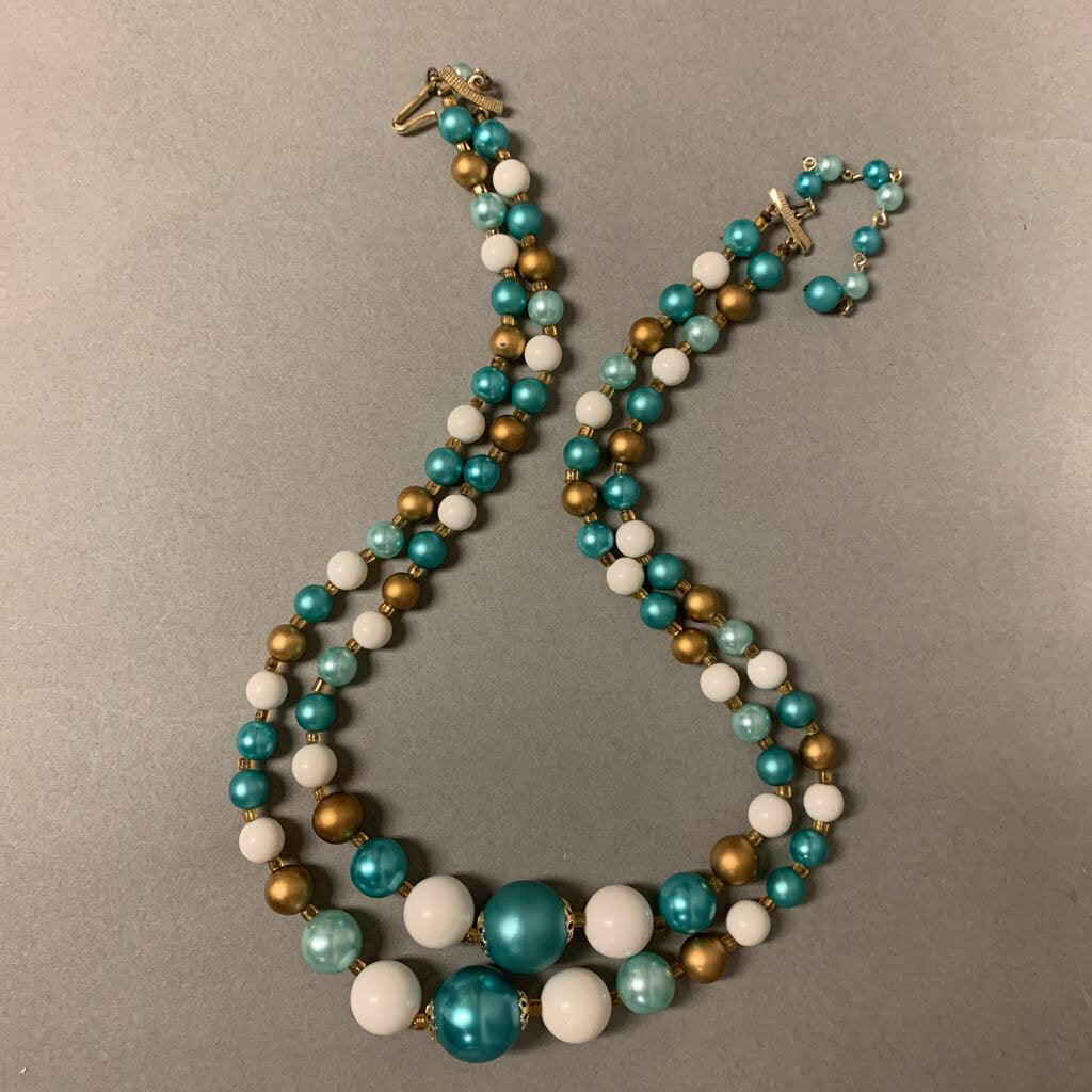 Vintage Japan Art Bead Necklace Iridescent Glass Wood Pearl Double Strand PeachIridescentTransparentandO  main image 4