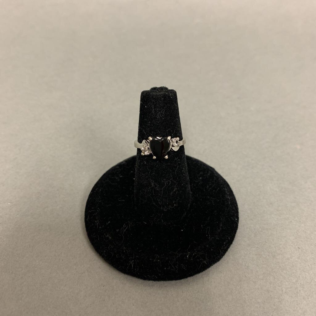 10K White Gold Onyx CZ Heart Ring sz 3 (1.8g)