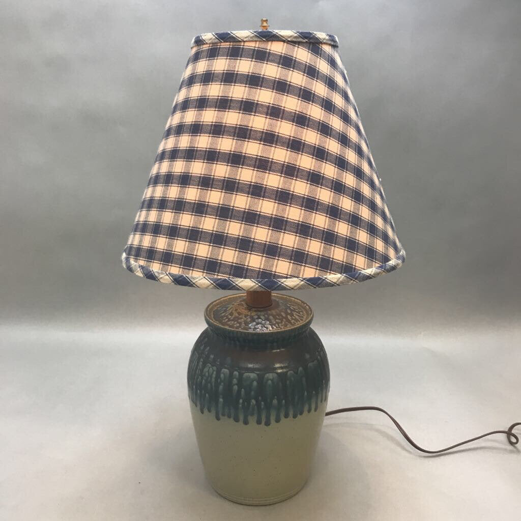 Vintage Blue & Gray Crock Lamp with Checkered Shade (22