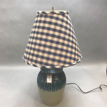 Load image into Gallery viewer, Vintage Blue &amp; Gray Crock Lamp with Checkered Shade (22&quot;)
