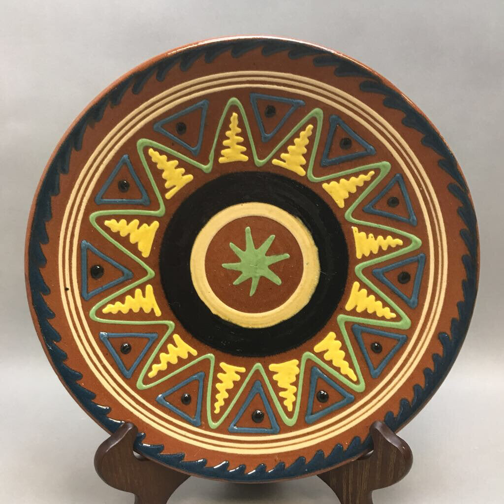 Boho Green. Yellow & Blue Pottery Plate (11