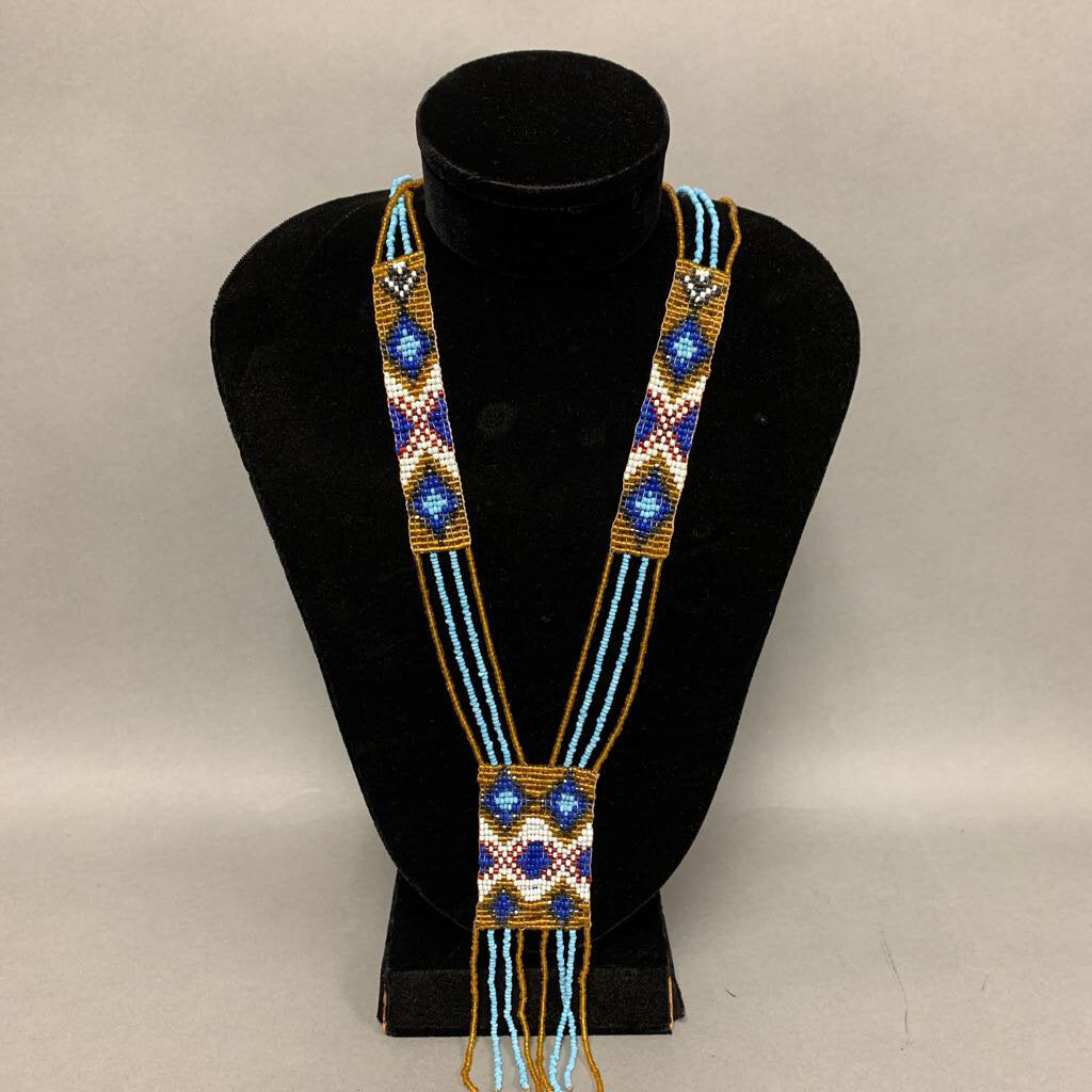 Vintage Native American Handmade Woven Glass Seed Bead Fringed Necklace (36