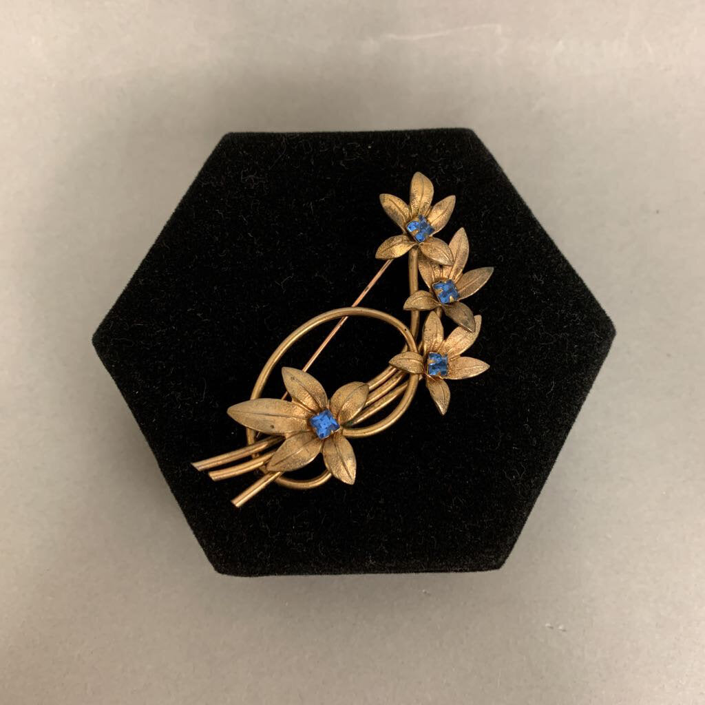 Vintage Goldtone w/ Blue Rhinestones Flower Brooch Pin (3