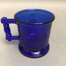 Load image into Gallery viewer, Vintage Boyd Cobalt Blue Glass Child Cup w Peacock &amp; Stork (2.5&quot; x 3&quot;)
