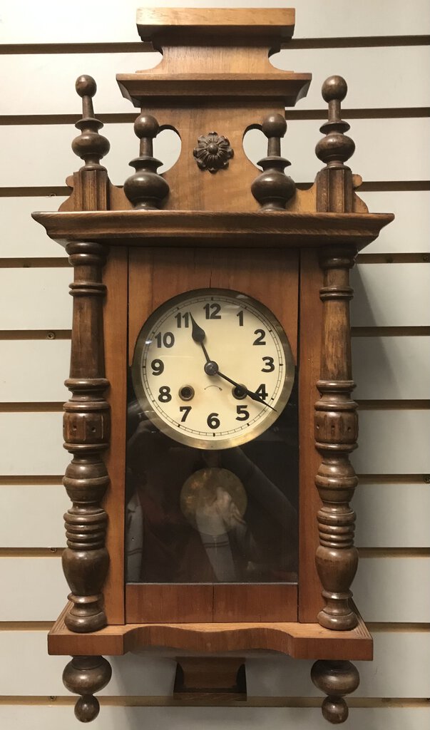 Antique Ornate Mechanical Wooden Wall Clock ( 23x11x6)