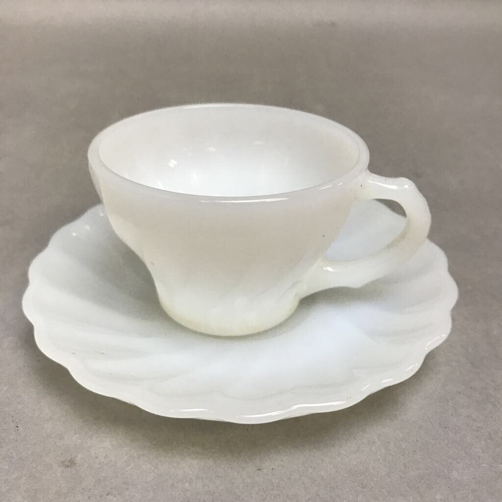 Vintage Fire King Ivory Glass Swirl Cup & Saucer (2