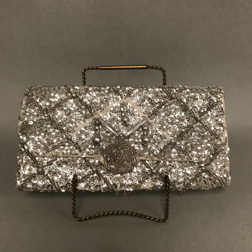 Vintage Silver Sequin Beaded Evening Clutch (As-Is) (5x8.5
