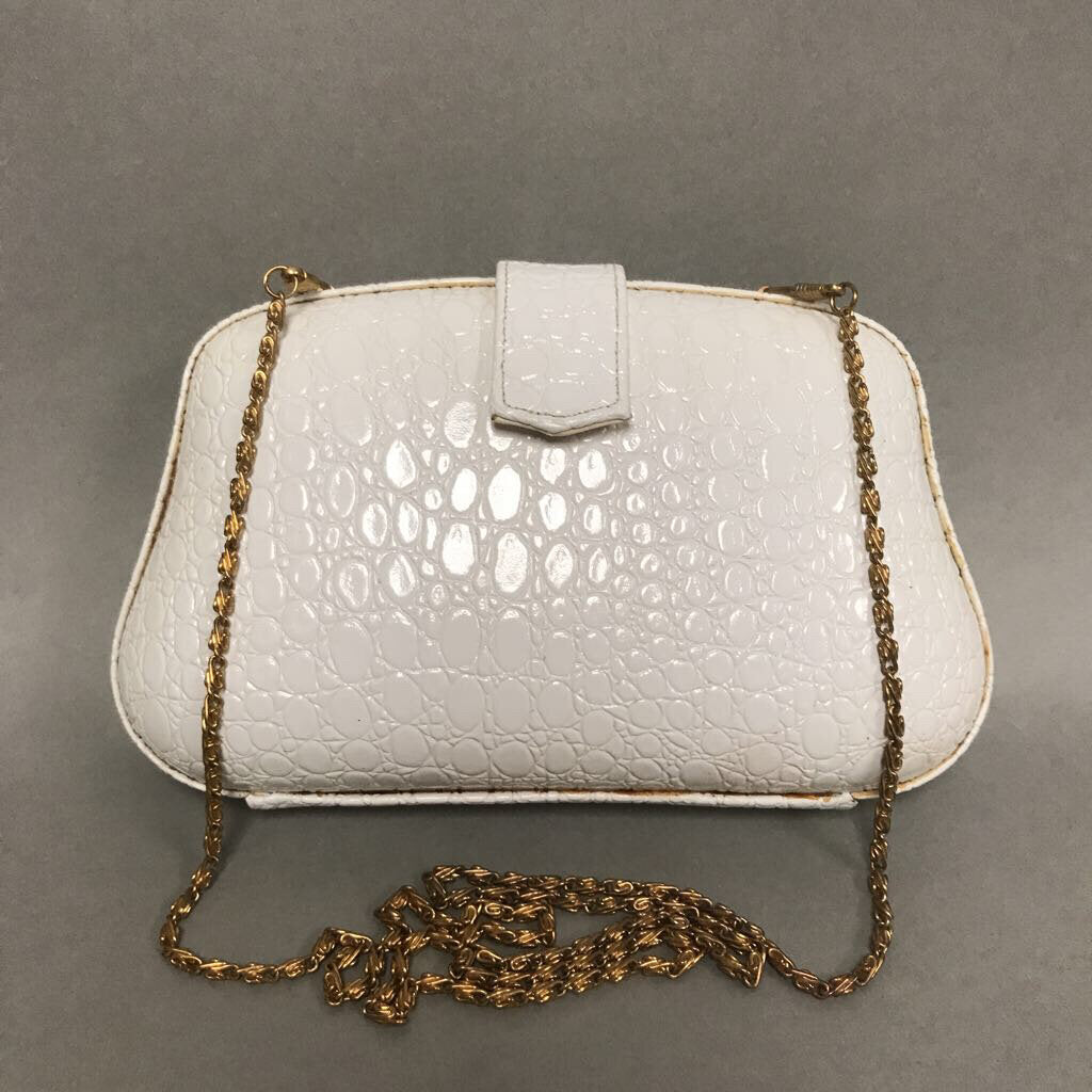Vintage White Leather Croc Embossed Clamshell Bag Purse (5x8.5