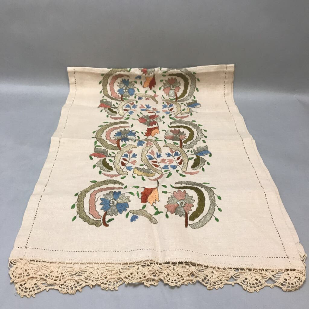 Vintage Beige Needlepoint Table Runner with Lace Trim (48x17)