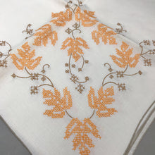 Load image into Gallery viewer, Vintage Embroidered Orange &amp; Brown Tablecloth (48x48)(As Is)
