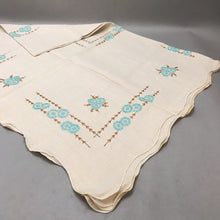 Load image into Gallery viewer, Vintage Beige Embroidered Blue Flowered Tablecloth (62x48)
