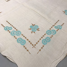 Load image into Gallery viewer, Vintage Beige Embroidered Blue Flowered Tablecloth (62x48)
