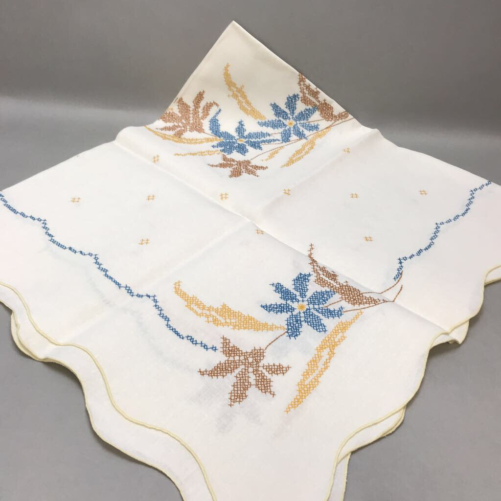 Vintage Embroidered Blue Flowered Tablecloth (48x46)