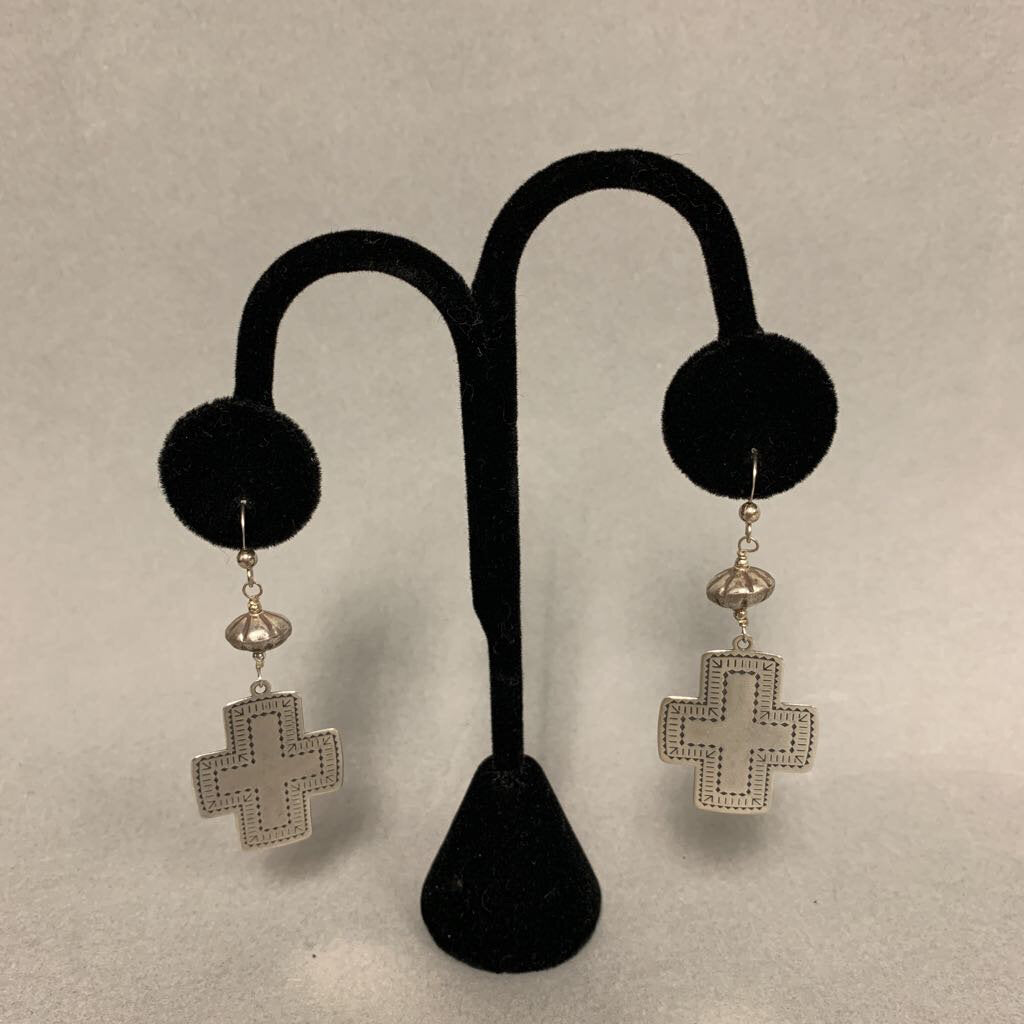 Sterling Etched Cross Dangle Earrings