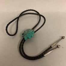 Load image into Gallery viewer, Sterling Carved Turquoise Native American Head Black Leather Bolo (As-Is) (1.5x1.5&quot;)

