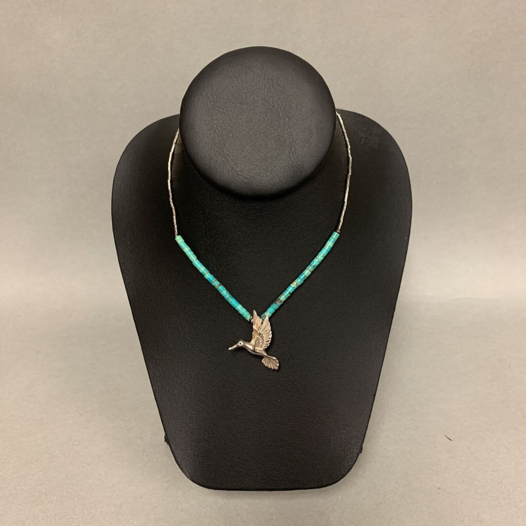 Sterling Hummingbird Pendant on Sterling Turquoise Beaded Choker Necklace (14