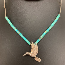 Load image into Gallery viewer, Sterling Hummingbird Pendant on Sterling Turquoise Beaded Choker Necklace (14&quot;)
