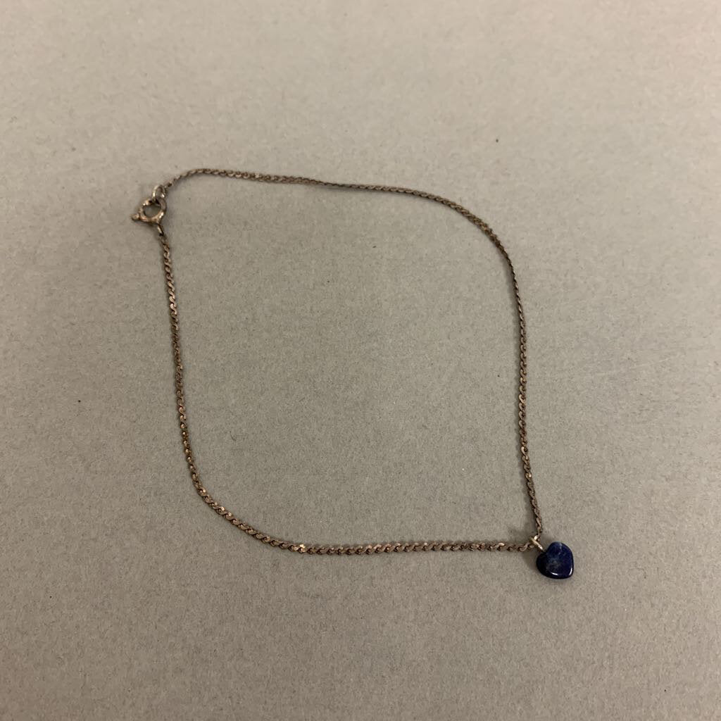 Sterling Flat Chain Anklet w/ Blue Stone Heart Charm (9