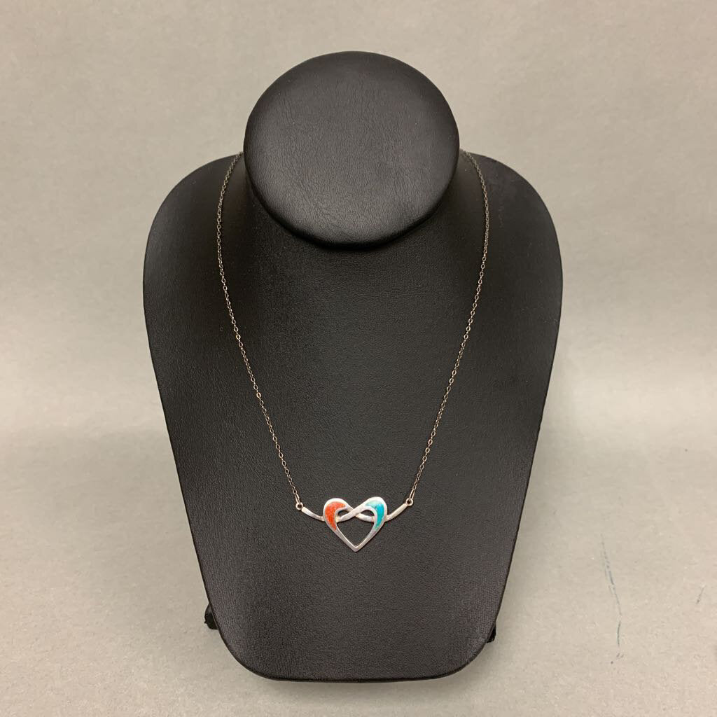 Sterling Turquoise Coral Inlay Heart Necklace (21