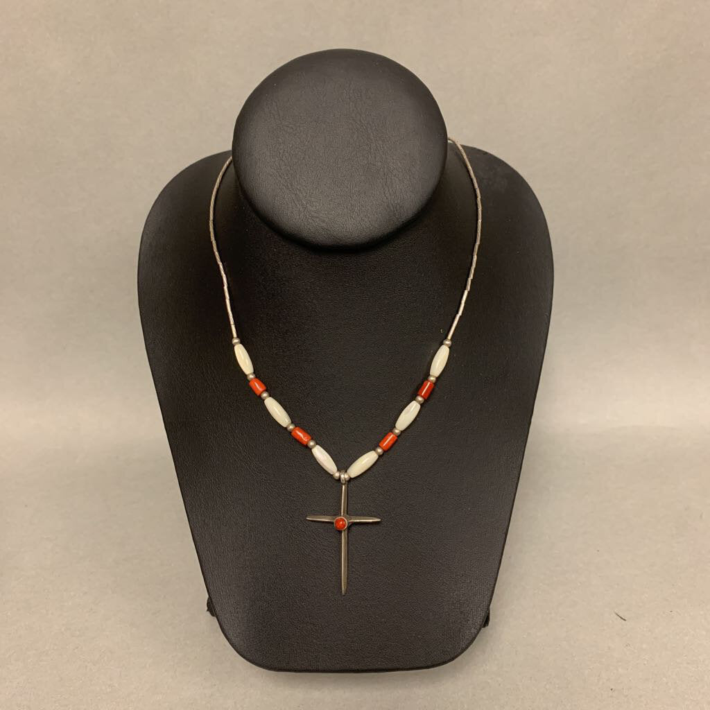 Sterling Coral Mother of Pearl Beaded Cross Necklace (19
