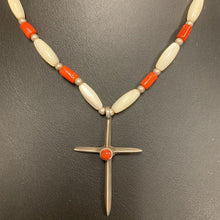 Load image into Gallery viewer, Sterling Coral Mother of Pearl Beaded Cross Necklace (19&quot;)
