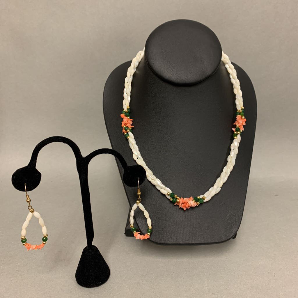 Twisted Rice Mother of Pearl Coral Jade Beaded Necklace & Earrings Set