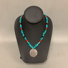 Load image into Gallery viewer, Sterling Good Omens Pendant on Turquoise Onyx Red Coral Beaded Necklace Signed (18&quot;)
