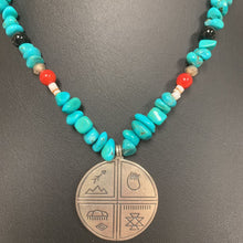 Load image into Gallery viewer, Sterling Good Omens Pendant on Turquoise Onyx Red Coral Beaded Necklace Signed (18&quot;)
