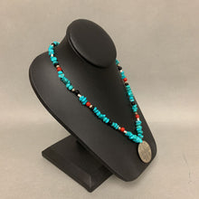 Load image into Gallery viewer, Sterling Good Omens Pendant on Turquoise Onyx Red Coral Beaded Necklace Signed (18&quot;)
