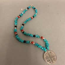 Load image into Gallery viewer, Sterling Good Omens Pendant on Turquoise Onyx Red Coral Beaded Necklace Signed (18&quot;)
