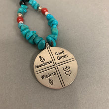 Load image into Gallery viewer, Sterling Good Omens Pendant on Turquoise Onyx Red Coral Beaded Necklace Signed (18&quot;)
