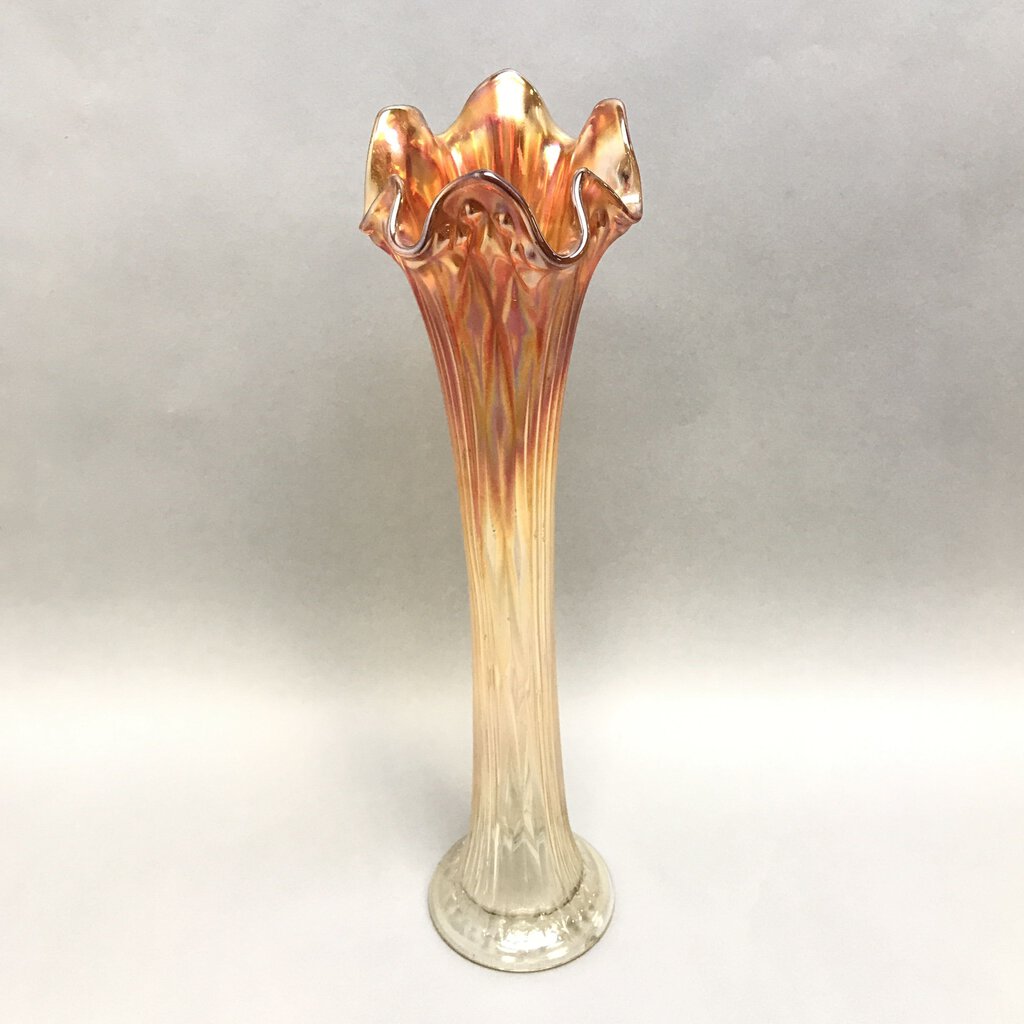 Fenton Carnival Glass Marigold-to-Clear 3-Diamond Vase (~16