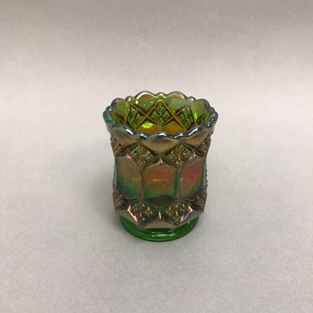 Imperial Carnival Glass Helios Green/Gold Toothpick Holder (2.5