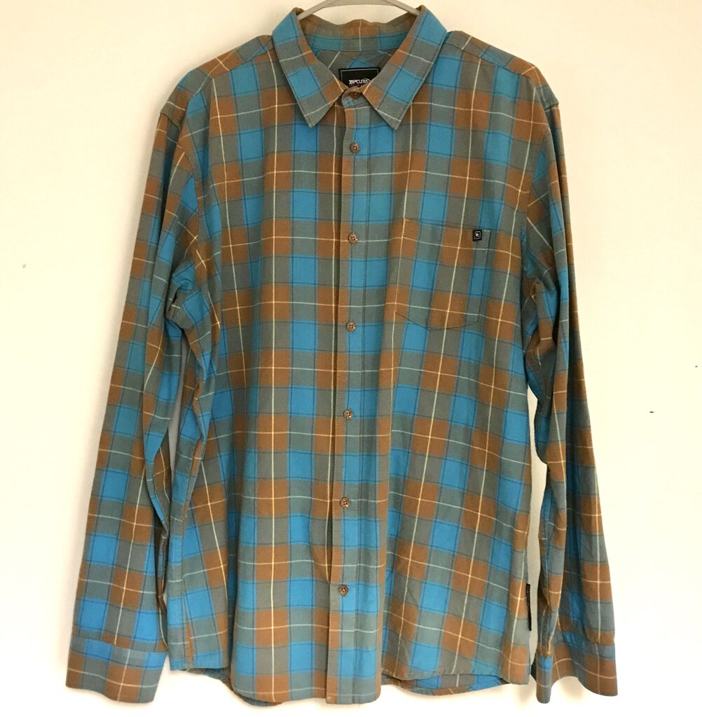 Ripcurl Teal/Brown Men's Plaid Long Sleeve Shirt (L)