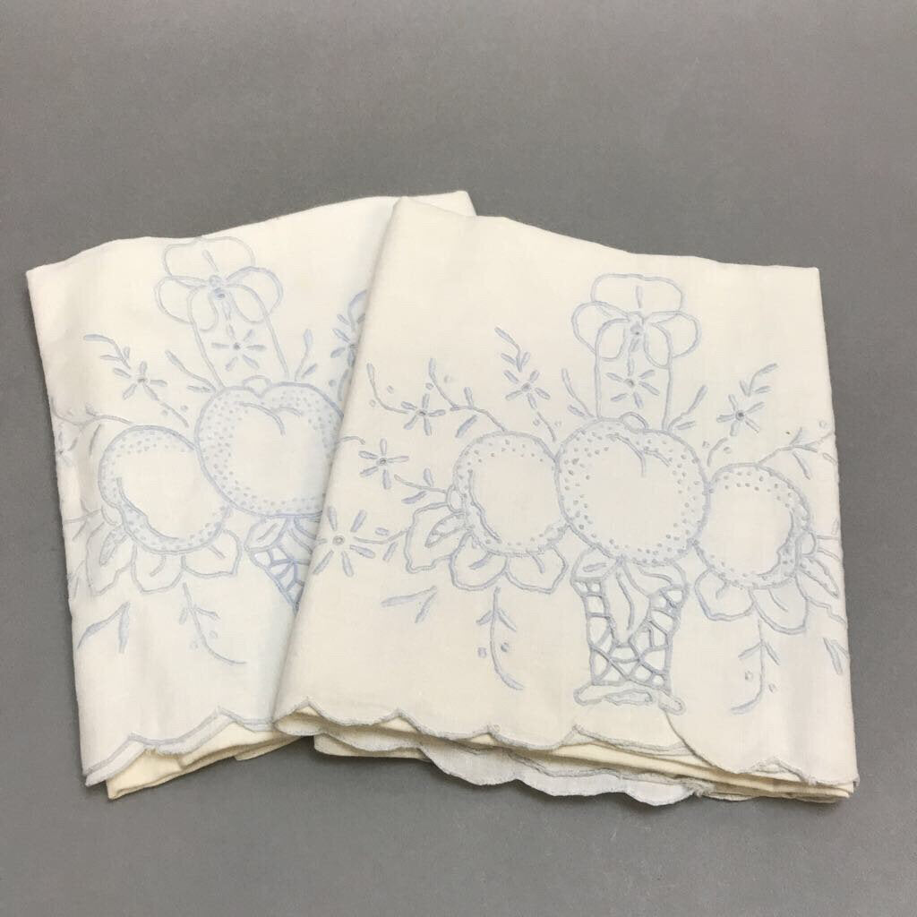 White Cotton Blue Embroidered Vintage Pillow Case Set (2pc)