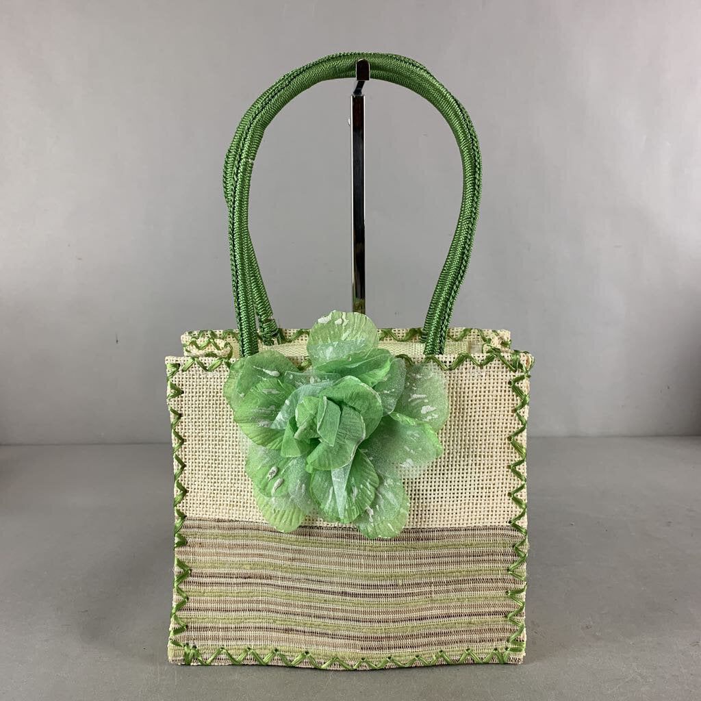 April Cornell Green & Tan Multi-Textile Rose Handbag Purse (8x9x3