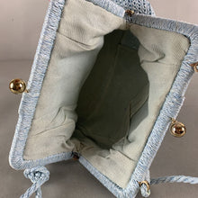 Load image into Gallery viewer, Vintage Marshall Field&#39;s Powder Blue Straw Clamshell Purse (8x10x4&quot;)
